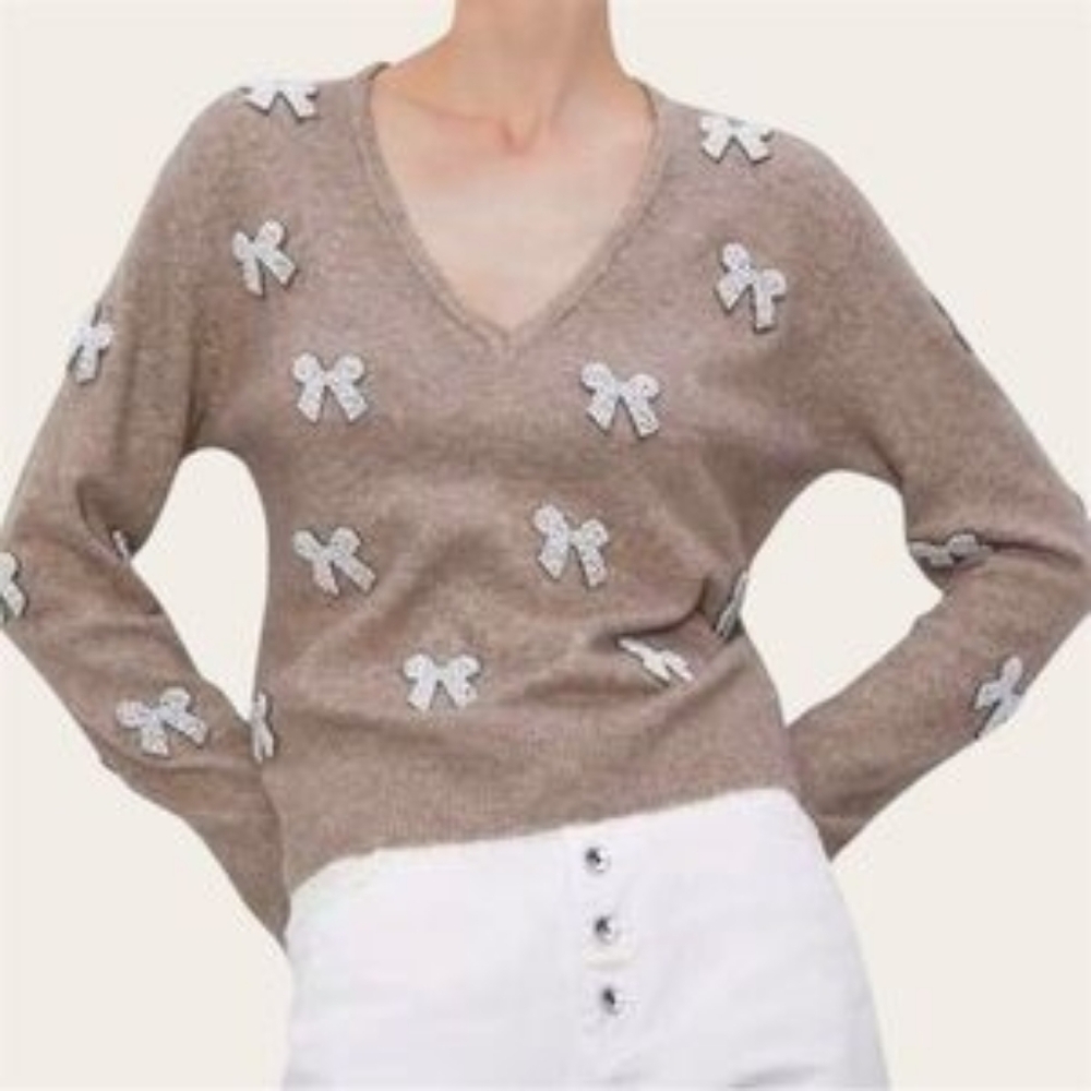 Zara Pearl Embellished Bow Vneck Fuzzy Sweater